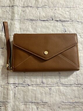 LIZ CLAIBORNE VINTAGE BROWN WITH GOLD TONE ACCENTS LOGO WRISTLET WALLET